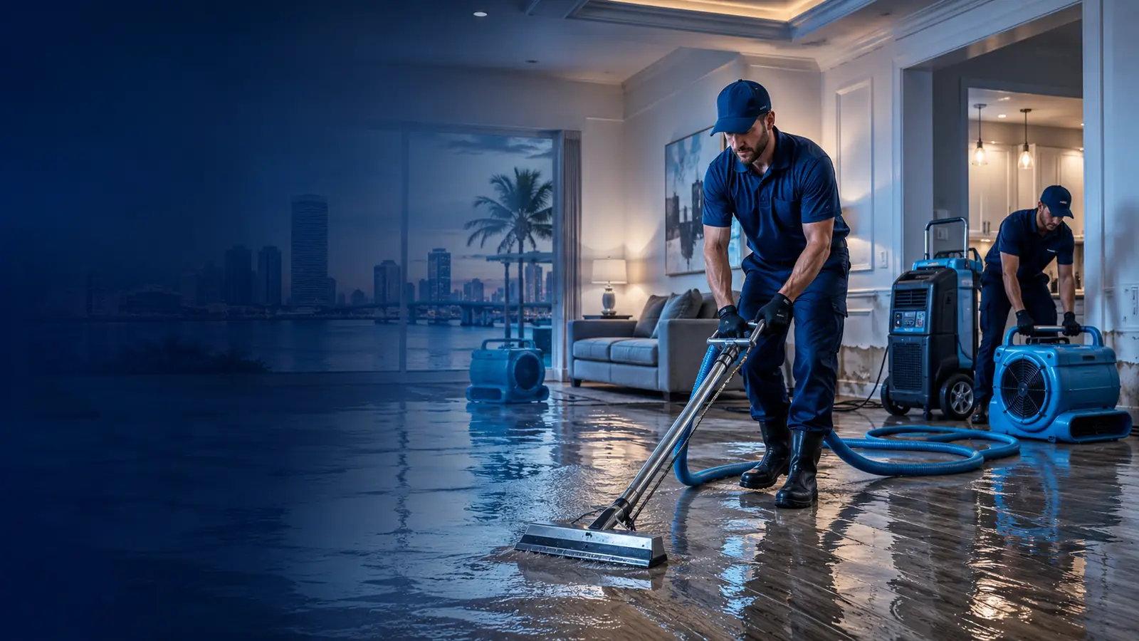 Water damage restoration technician drying a flooded Jacksonville, Florida home